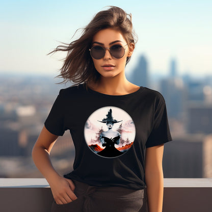 Stilingi juodi marškinėliai su raganos atvaizdu, modernūs ir mįslingi. Designedbyme.lt unikalus dizainas, puiki dovana draugei. Originalus moteriškas aksesuaras miesto fone. Moteriški marškinėliai, Naujausi dizainai