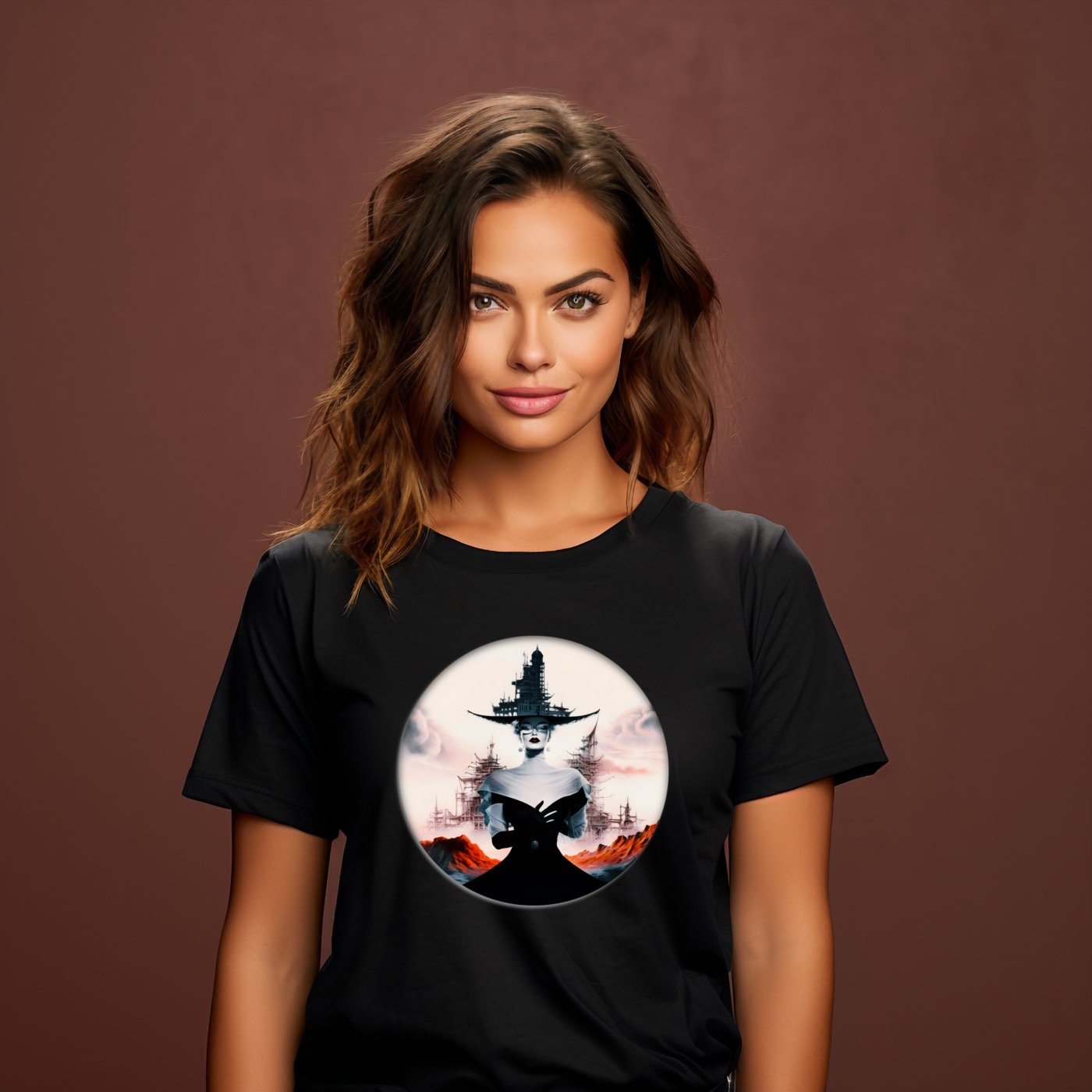 Stilingi juodi marškinėliai su unikaliu Lady Witch paveikslėliu, atspindinčiu mįslingą ir modernią moters dvasią. Designedbyme.lt originalus kūrinys, puiki dovana draugei ar sau. Moteriški marškinėliai, Naujausi dizainai