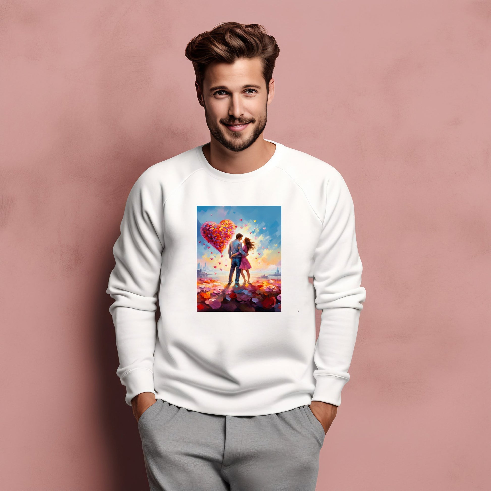 Stilingas baltas džemperis su romantiška spauda "Love in the City". Unikalus dizainas atspindi meilę mieste. Puiki dovana Valentine's dienai ar tiesiog jausmingam stiliui išreikšti. Designedbyme.lt kokybė., Vyriški džemperiai, Valentino dienos kolekcija , Naujausi dizainai