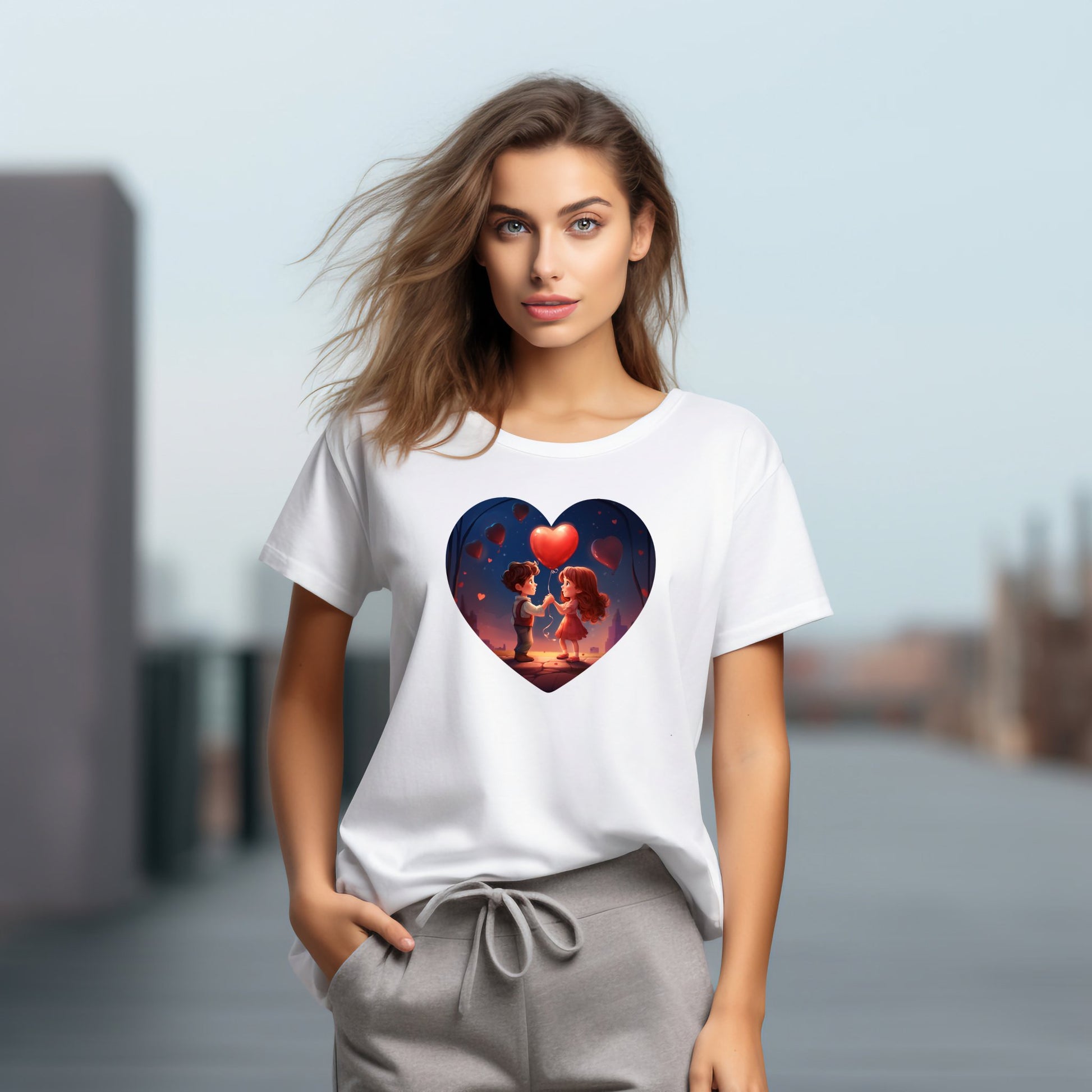 Stilingi balti moteriški marškinėliai su romantiška širdies formos iliustracija, vaizduojančia porą naktiniame mieste. Unikalus Designedbyme.lt dizainas, tobula dovana Valentino dienai. Modernus ir jausmingas akcentas kasdieniam įvaizdžiui, Moteriški marškinėliai, Valentino dienos kolekcija, Naujausi dizainai