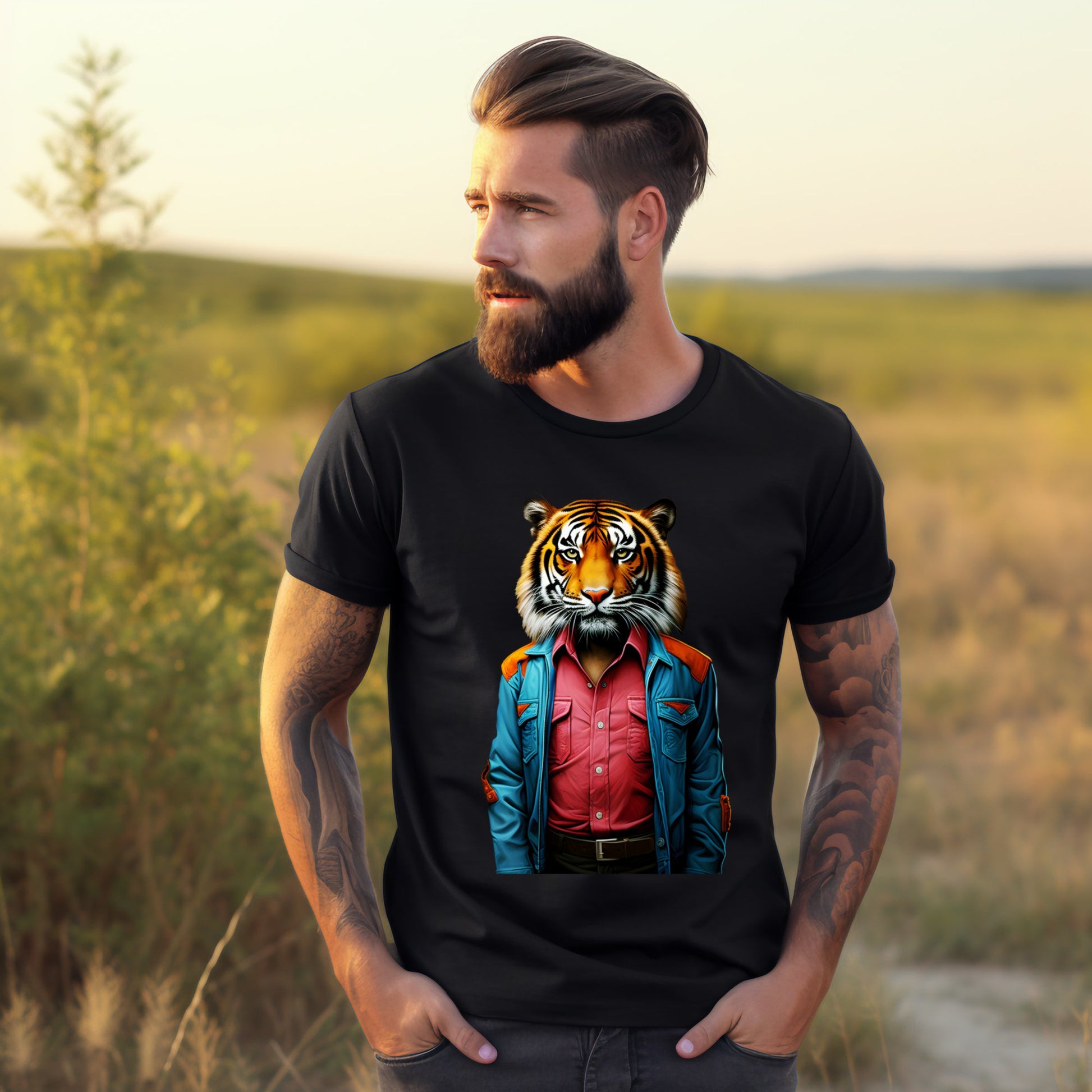 Vyriški marškinėliai “Modern Tiger” iš Designedbyme.lt, modernus tigras ant marškinėlių suteikia šiuolaikišką ir unikalų stilių, vyro gamtoje fonas, Vyriški marškinėliai, Naujausi dizainai