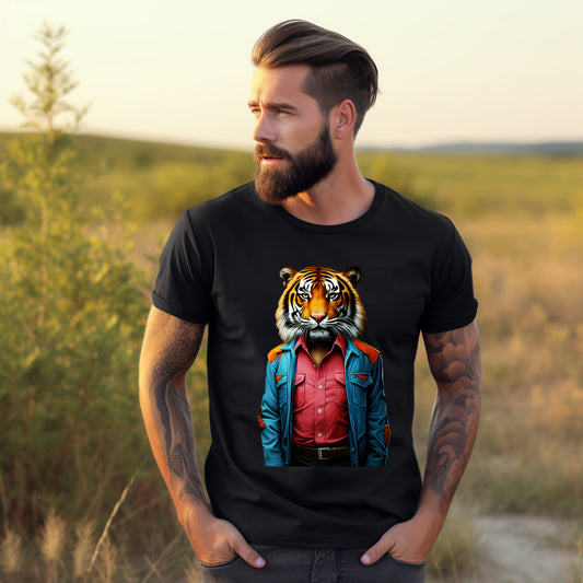 Vyriški marškinėliai “Modern Tiger” iš Designedbyme.lt, modernus tigras ant marškinėlių suteikia šiuolaikišką ir unikalų stilių, vyro gamtoje fonas, Vyriški marškinėliai, Naujausi dizainai