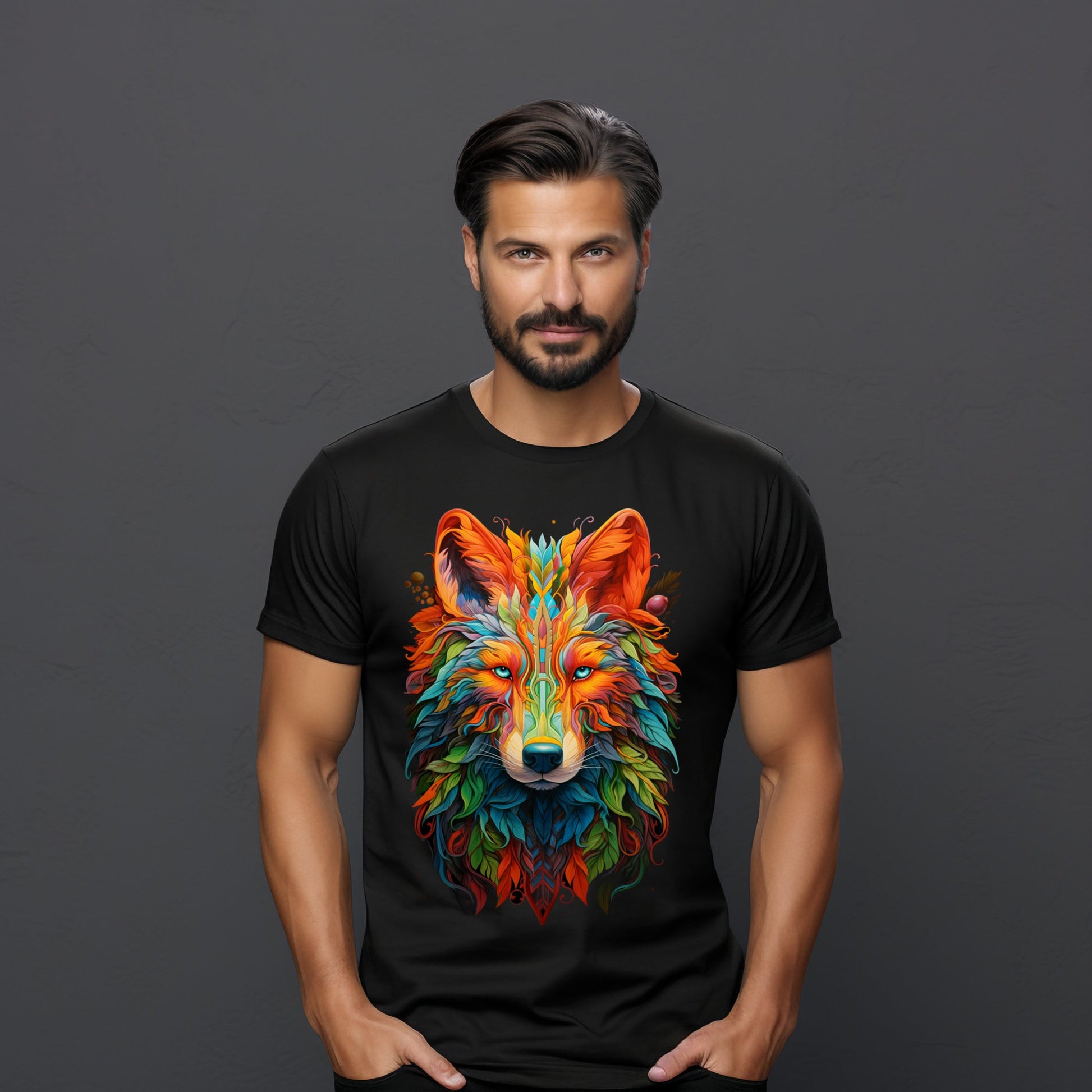 Vyriški marškinėliai “Modern Wolf” iš Designedbyme.lt su ryškiu, šiuolaikinės meninės interpretacijos vilku, simbolizuojančiu individualumą ir pasitikėjimą savo instinktais, idealiai tinka gimtadienio dovanoms vyrams ar ypatingai dovanai draugei, Vyriški marškinėliai, Naujausi dizainai