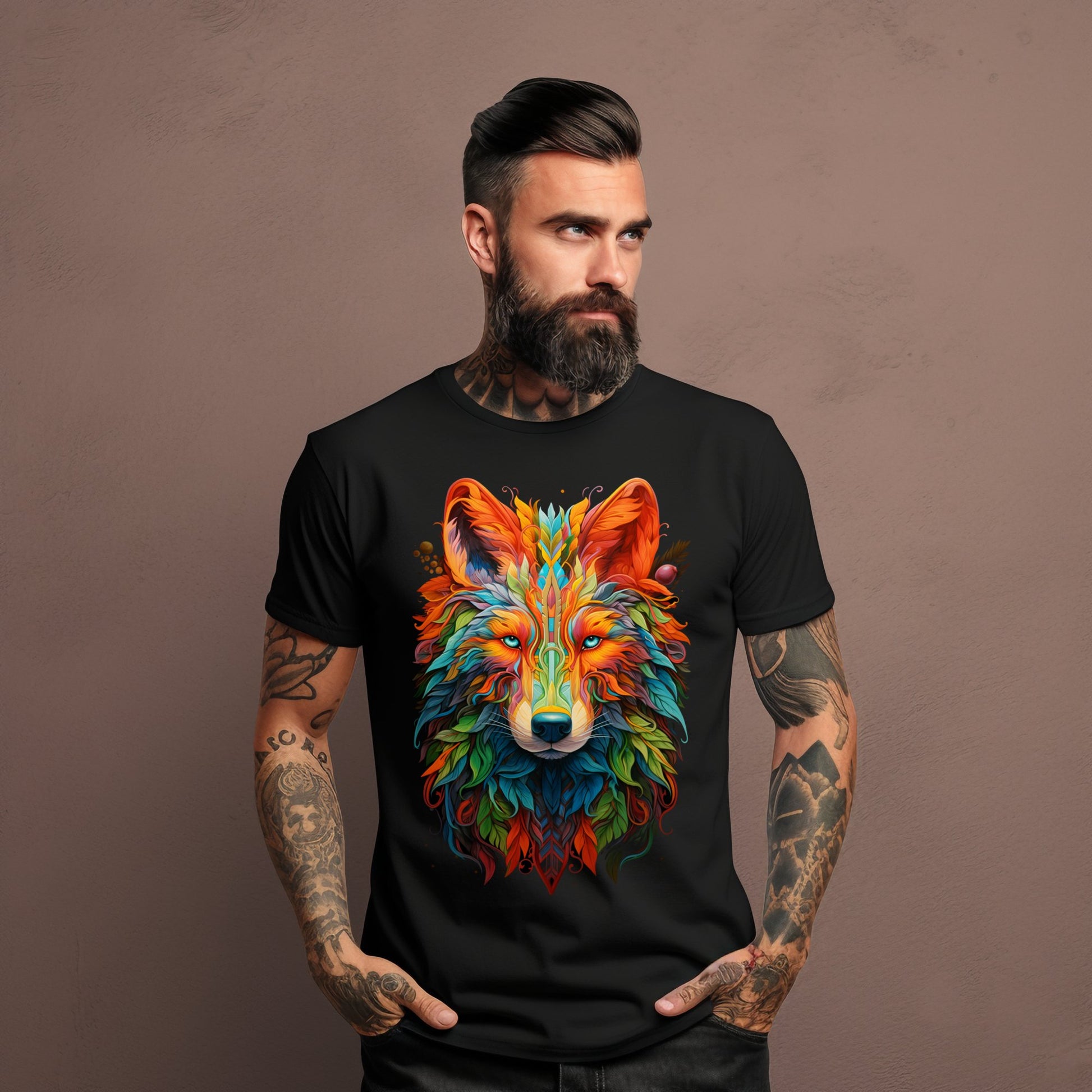 Vyriški marškinėliai “Modern Wolf” su ryškiu, spalvingu vilko atvaizdu, simbolizuojančiu dvasinę laisvę ir ištikimybę. Tobula dovanų idėja vyrams iš Designedbyme.lt. , Vyriški marškinėliai, Naujausi dizainai
