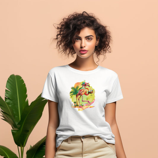 Stilingi balti marškinėliai su ryškiu tropikiniu flamingo atvaizdu, atspindinčiu vasarišką nuotaiką. Unikalus Designedbyme.lt dizainas, puikiai tinkantis kasdieniam dėvėjimui. Madingas ir išskirtinis pasirinkimas moterims, ieškančioms originalių drabužių, Moteriški marškinėliai, Vasaros kolekcija, Naujausi dizainai