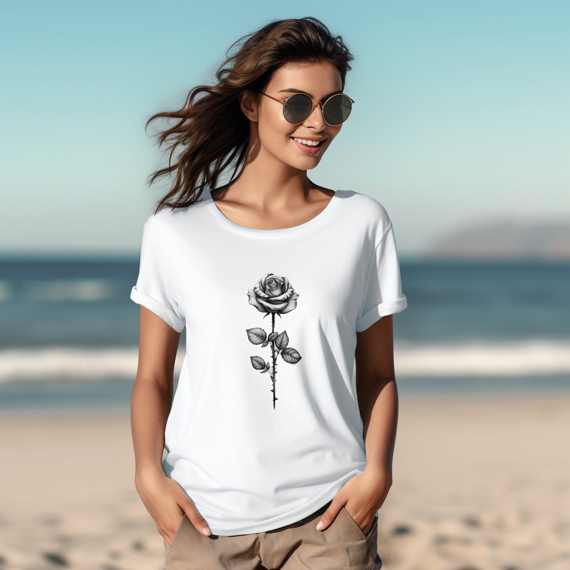 Stilinga moteris paplūdimyje dėvi baltus marškinėlius su juodos rožės atvaizdu, demonstruojanti "Rose in Black" dizainą iš Designedbyme.lt. Šypsena ir saulės akiniai atspindi vasarišką nuotaiką, Moteriški marškinėliai, Vasaros kolekcija, Naujausi dizainai