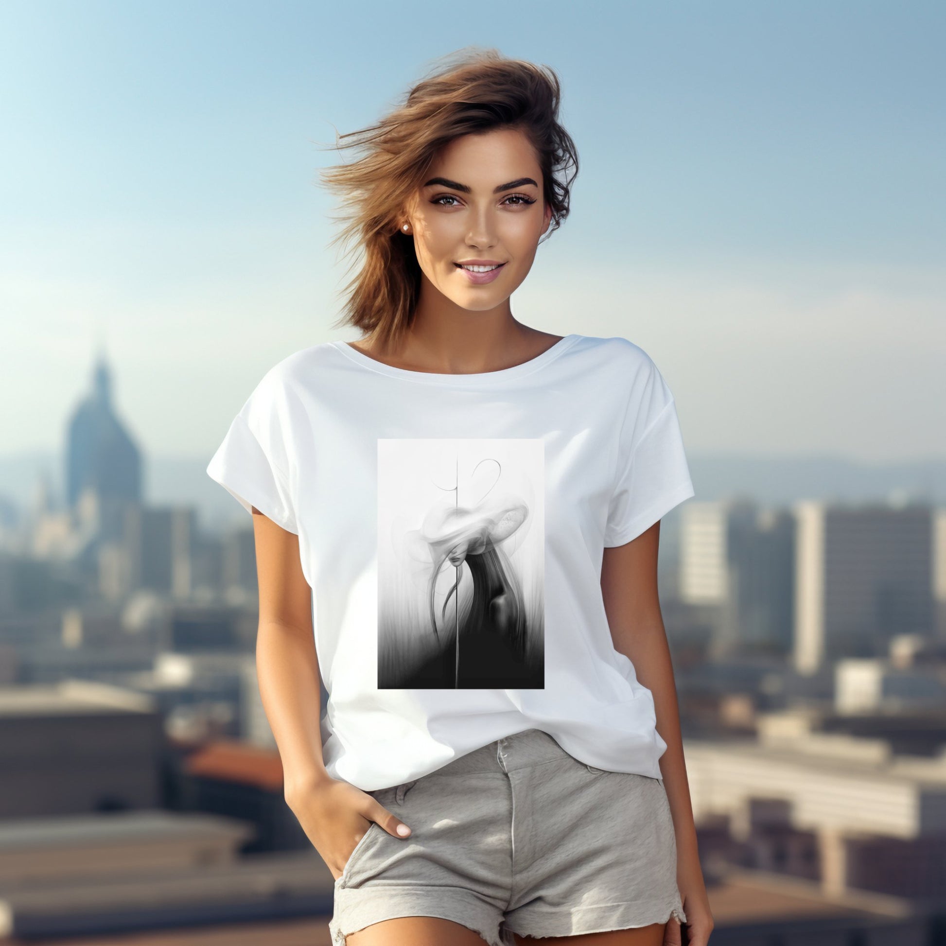 Stilingi "Shadow Ghost" marškinėliai su paslaptingu monochrominiu atvaizdu, puikiai tinkantys moderniai miesto aprangai. Unikalus dizainas nuo Designedbyme.lt atskleidžia šiuolaikinį požiūrį į kasdienę madą. Idealus pasirinkimas originalumo ieškantiems, Moteriški marškinėliai, Naujausi dizainai
