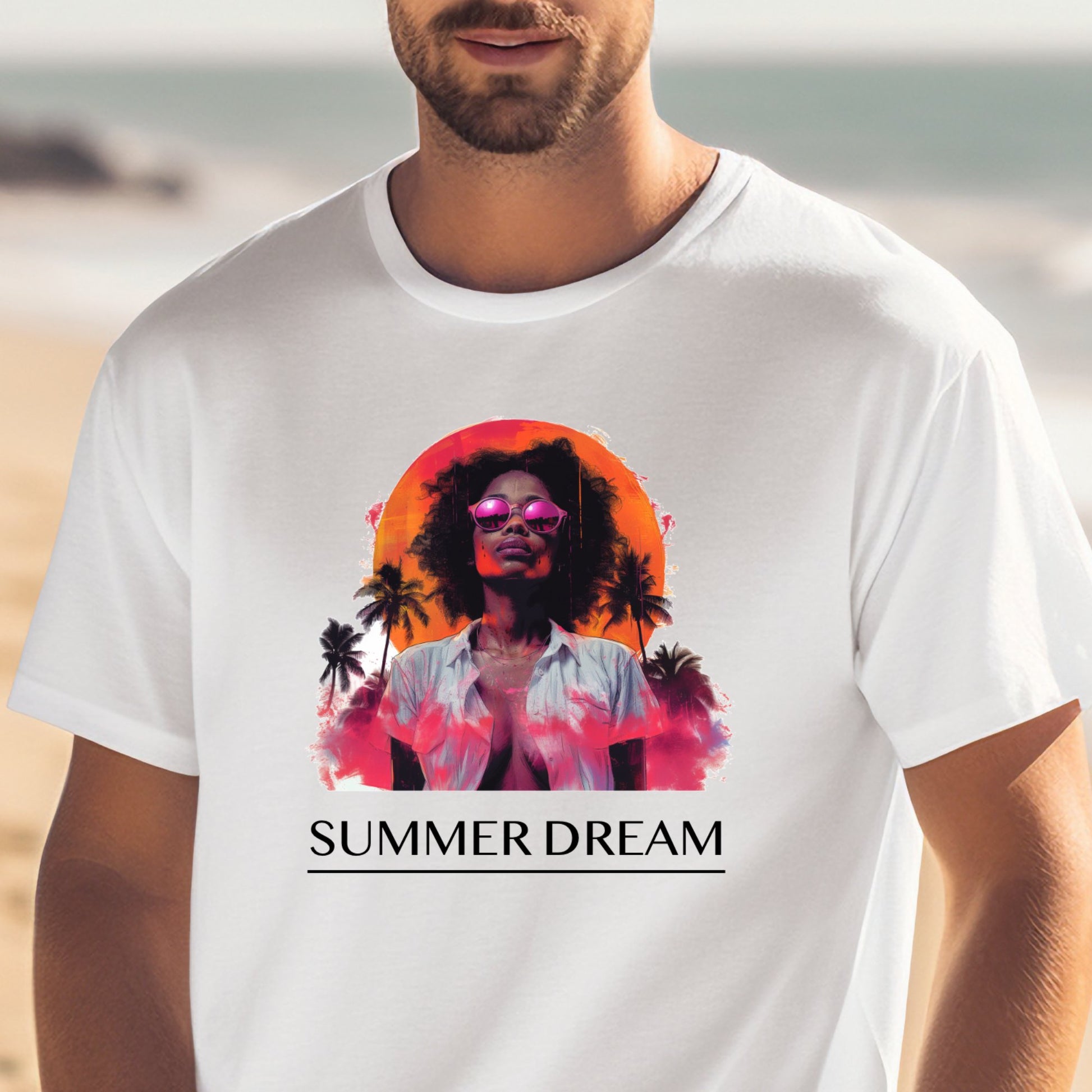 Vyriški marškinėliai „Summer Dream“, spalvingas dizainas su egzotiškomis palmėmis ir saulės apšviestu portretu, sukuria vasaros nuotykių dvasią. Puikus pasirinkimas miesto šurmuliui ir atostogų kelionėms. Designedbyme.lt, vyriskos maikes, dovanos internetu, spauda ant marskineliu, Vyriški marškinėliai, Visi produktai,  Vasaros kolekcija 