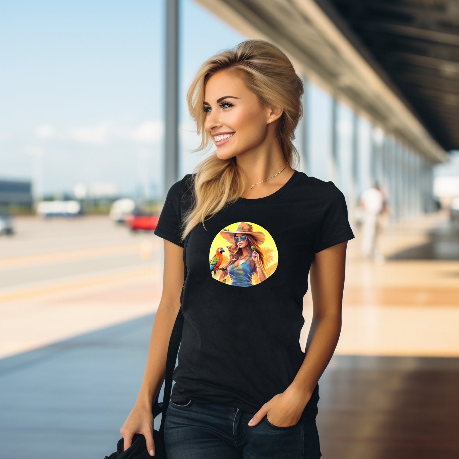 Stilingi juodi marškinėliai su ryškiu vasarišku printu, tobulai atspindintys "Summer Vibes" nuotaiką. Unikalus Designedbyme.lt kūrinys, puikiai tinkantis kasdieniam dėvėjimui ar kaip dovana. Modernus ir žaismingas dizainas vasaros sezonui, Moteriški marškinėliai, Vasaros kolekcija, Naujausi dizainai