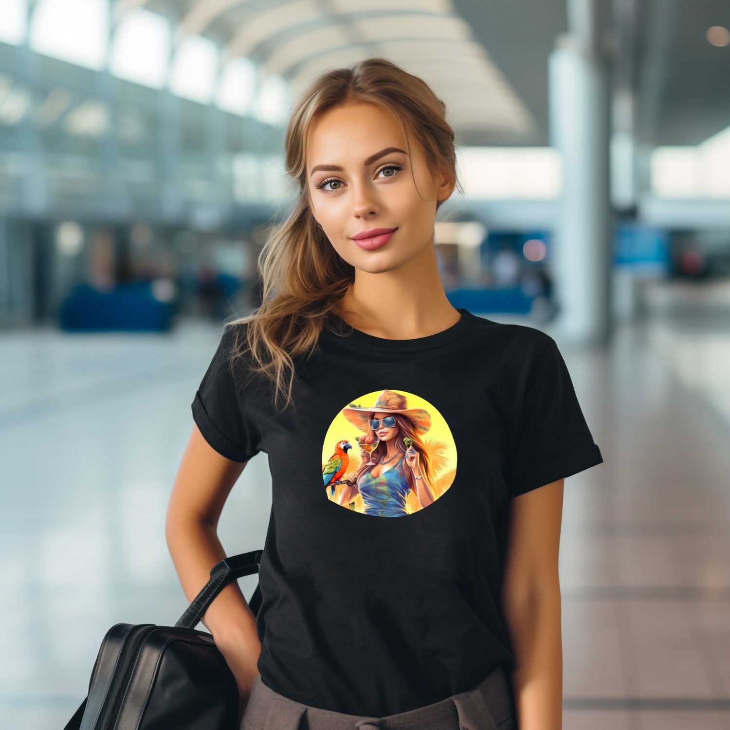 Stilingi juodi marškinėliai su ryškiu vasarišku paveiksliuku, demonstruojami oro uoste. Unikalus Designedbyme.lt dizainas, idealus vasaros sezonui. Madingas ir patogus pasirinkimas kelionėms ir kasdienai. Moteriški marškinėliai, Vasaros kolekcija, Naujausi dizainai