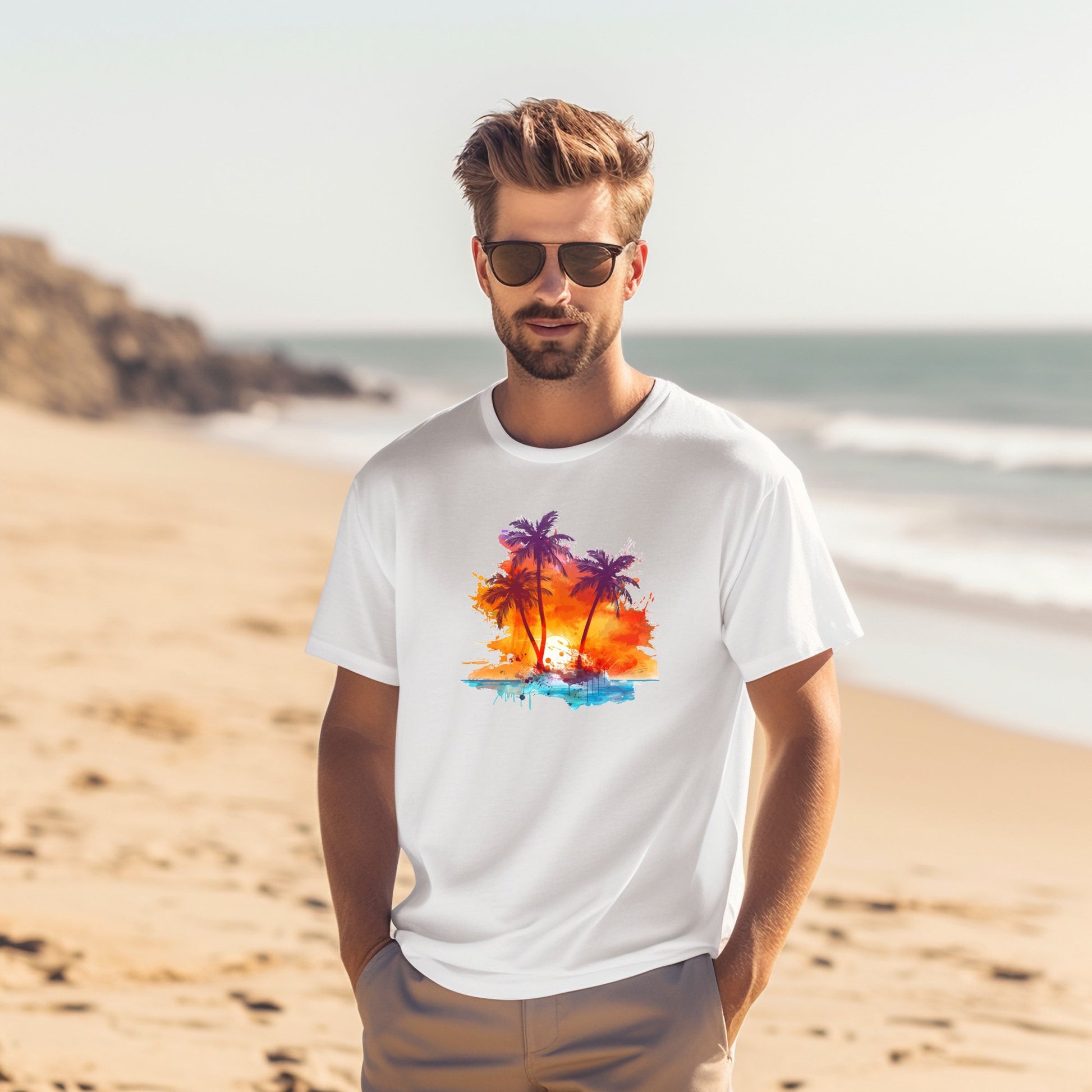Vyriški marškinėliai „Sunset Paradise“ su ryškiu saulėlydžio ir palmių motyvu ant balto audinio, idealiai tinkantys tiek paplūdimiui, tiek miesto išvykoms. Sukurti Designedbyme.lt, užtikrinant komfortą ir stilingą įvaizdį. Vyriški marškinėliai, Visi produktai,  Vasaros kolekcija 
