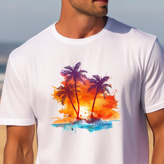 Vyriški marškinėliai „Sunset Paradise“ su spalvingu palmių ir saulėlydžio dizainu, pagaminti iš komfortiško audinio. Puikiai tinka tiek paplūdimiui, tiek miesto išvykoms, suteikia žaismingumo ir originalumo jūsų įvaizdžiui. Designedbyme.lt produktas, Vyriški marškinėliai, Visi produktai,  Vasaros kolekcija 