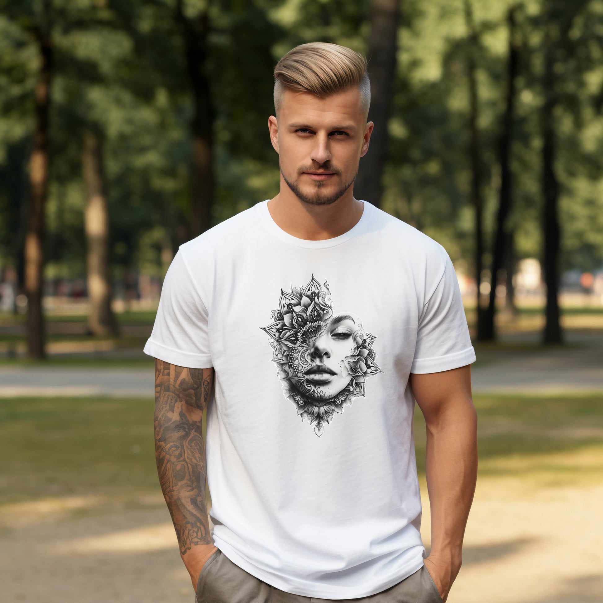 „Tattoo Head“ marškinėliai su unikalia tatuiruočių grafika, vyras dėvintis baltus marškinėlius su menišku piešiniu parko fone, Vyriški marškinėliai,Visi produktai, Vasaros kolekcija 