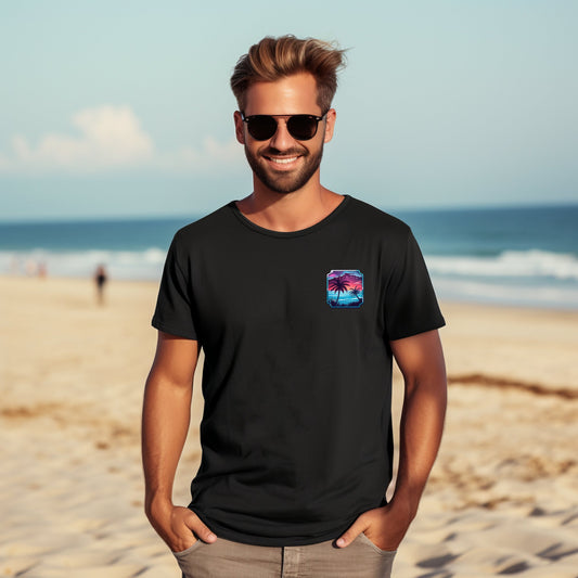 Vyriški marškinėliai “Two Palms” su minimalistiniu palmių ir saulėlydžio motyvu ant krūtinės, tobula dovana vasaros pojūčio mėgautis. Designedbyme.lt, designedbyme, Designed By Me, marskineliai, Marškinėliai, dovanos internetu, spauda ant marskineliu, marškinėliai vyrams, maikes vyrams, maikutės vyrams, vyriskos maikes, vyriskos maikutės, Vyriški marškinėliai, Visi produktai,  Vasaros kolekcija 