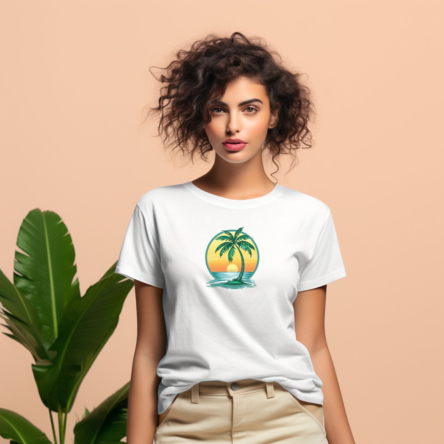 Stilingi balti marškinėliai su tropine palmės spauda, idealūs vasaros laisvalaikiui. Unikalus Designedbyme.lt kūrinys, puiki dovana moterims. Patogūs ir madingi, tinka paplūdimiui ir miestui. ,  FINALINIS IŠPARDAVIMAS! NUOLAIDOS IKI -80%