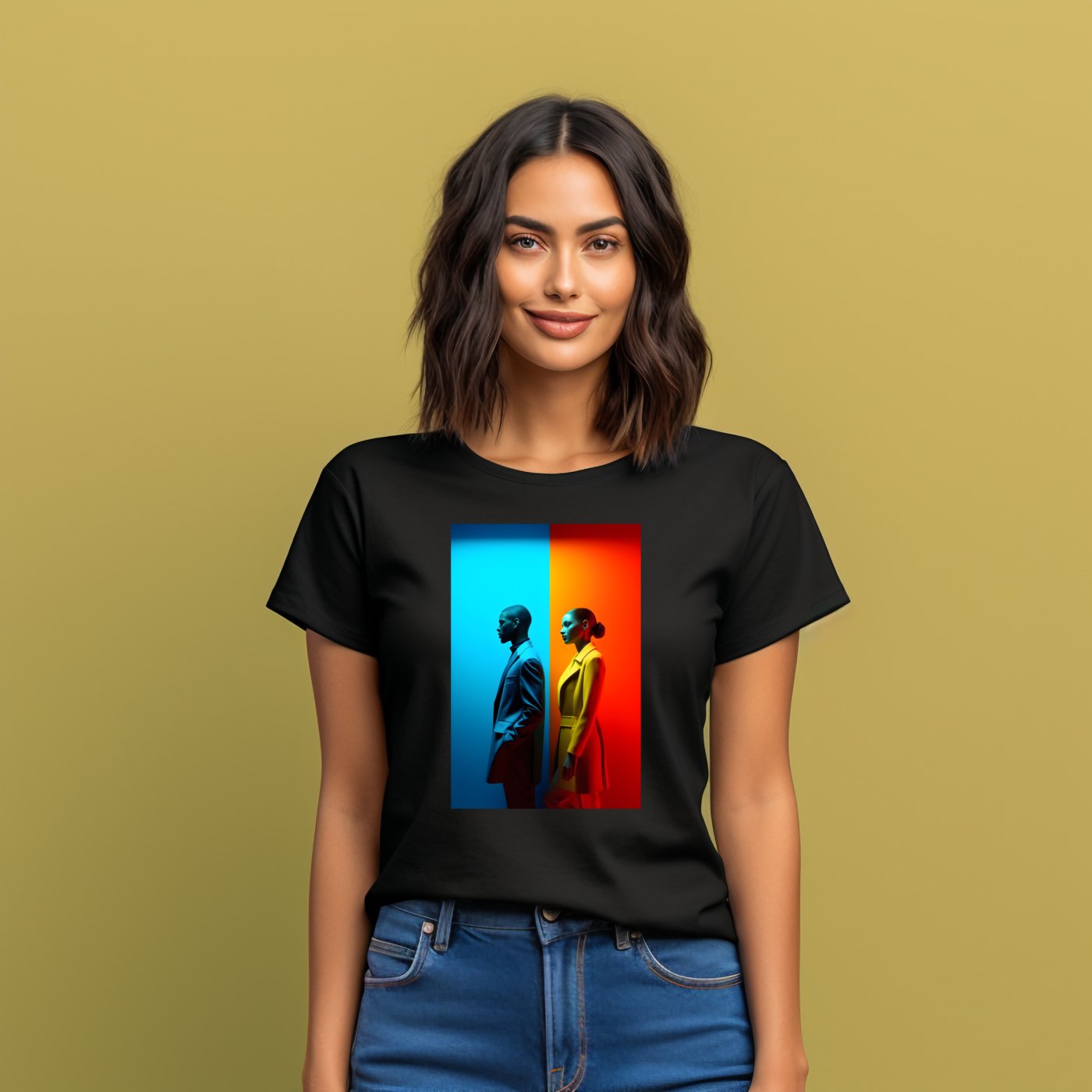 Stilingi juodi marškinėliai su unikaliu "Unique Perceptions" printu, vaizduojančiu mėlyną ir raudoną siluetus, simbolizuojančius lyčių įvairovę. Designedbyme.lt originalus dizainas, tinkamas dovanai. Moteriški marškinėliai, Naujausi dizainai