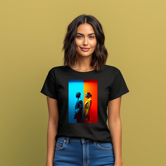 Stilingi juodi marškinėliai su unikaliu "Unique Perceptions" printu, vaizduojančiu mėlyną ir raudoną siluetus, simbolizuojančius lyčių įvairovę. Designedbyme.lt originalus dizainas, tinkamas dovanai. Moteriški marškinėliai, Naujausi dizainai