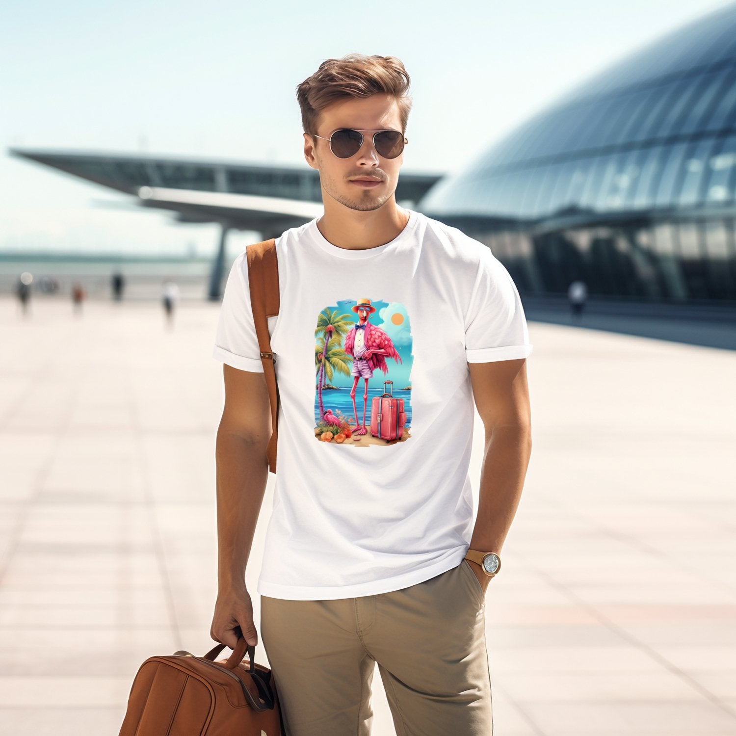Stilingi balti marškinėliai su ryškiu flamingo atostogų piešiniu, tobulai atspindintys vasaros nuotaiką. Designedbyme.lt originalus dizainas, puiki dovana vyrams. Moderni ir trendy apranga šiltajam sezonui, Vyriški marškinėliai, Vasaros kolekcija, Naujausi dizainai