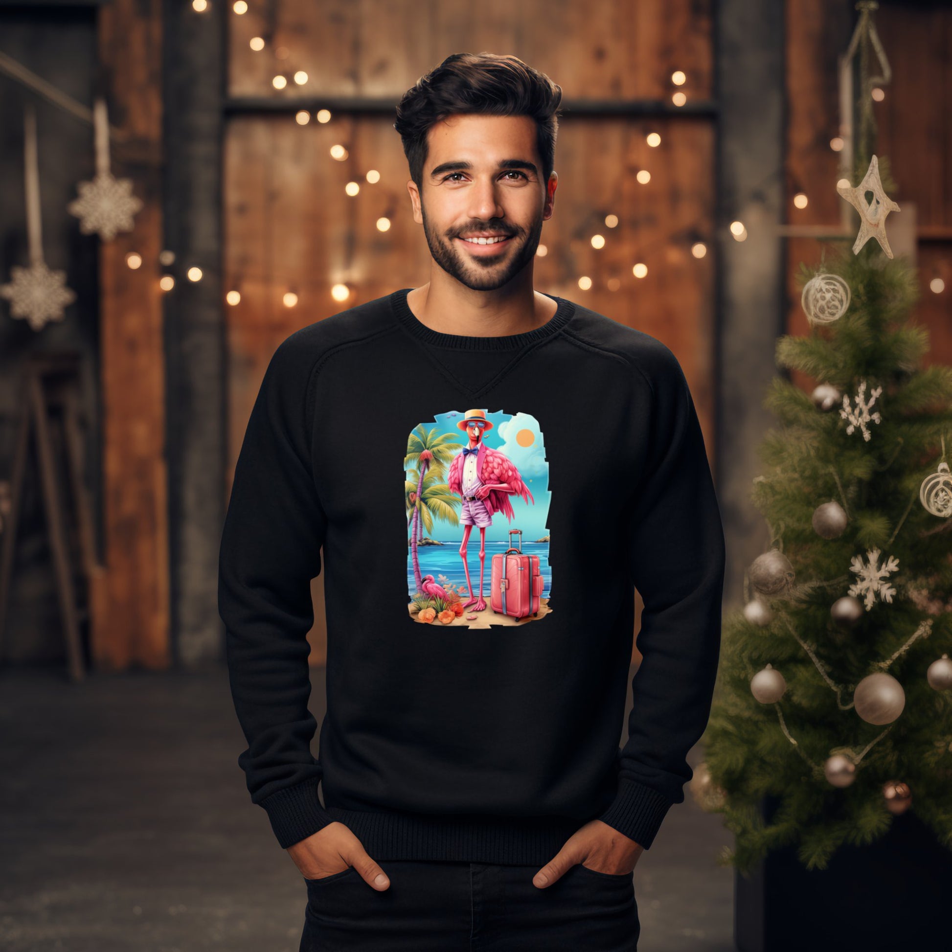 Vyriškas modelis dėvi "SALE 'Vacation Flamingo' Džemperis M Juoda" iš Designedbyme.lt kolekcijos, vaizduojančios flamingą su lagaminu priešais atostogų fone, puikus pasirinkimas ieškantiems originalių ir linksmų drabužių, Perkamiausi džemperiai