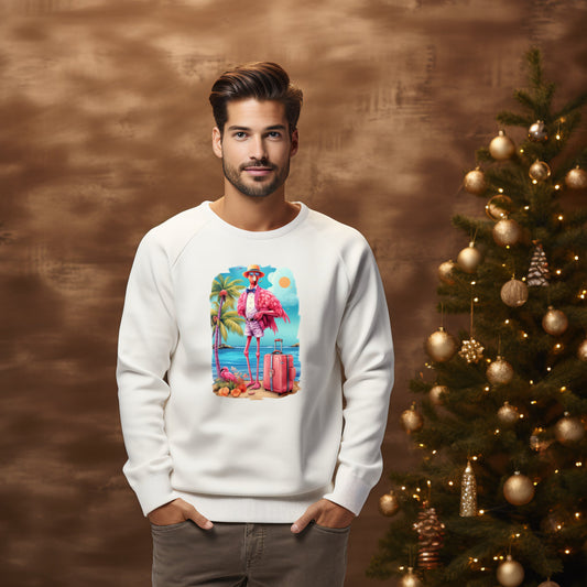 Vyriškas modelis dėvintis juodą "Vacation Flamingo" džemperį su flamingo atvaizdu, stovintis prie papuoštos Kalėdų eglutės, Designedbyme.lt dizainas, Perkamiausi džemperiai