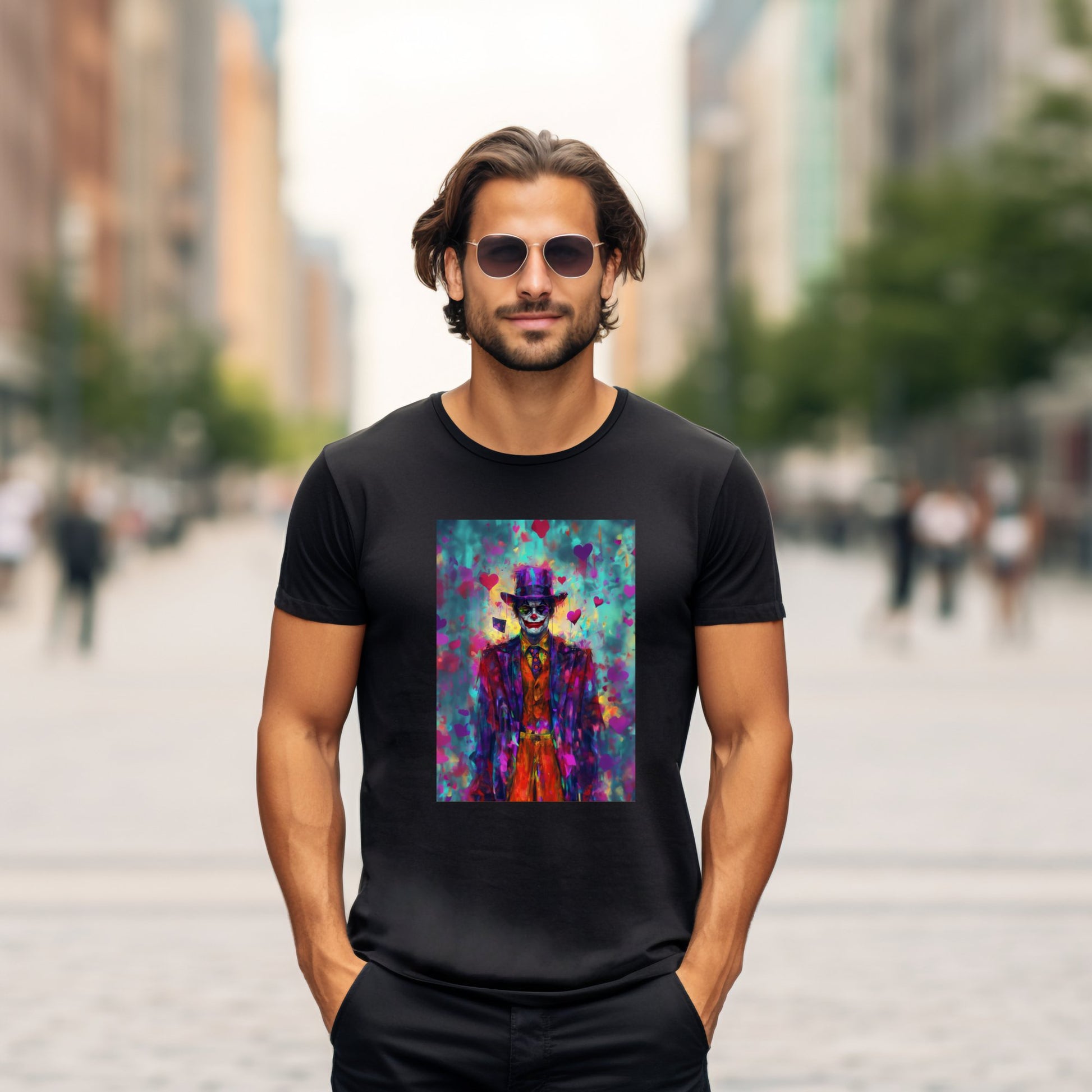 Stilingai atrodantis vyras juodais marškinėliais su dizainu „Wizard of Love“, kuriame spalvingai susipina magija ir jausmai. Itin modernus drabužis iš Designedbyme.lt kolekcijos, puikiai tinka kasdieniam ir šventiniam dėvėjimui. Puiki dovana vyrams, Vyriški marškinėliai, Naujausi dizainai